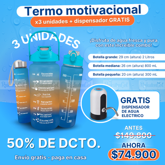 Set x3 Termos Motivacionales Plasticos + Dispensador de botellon ECO