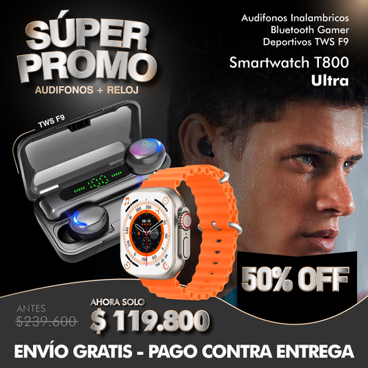 Combo: Audífonos Inalámbricos F9 + Reloj T800