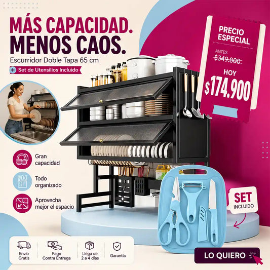 Escurridor De Platos Doble Tapa + set de utensilios
