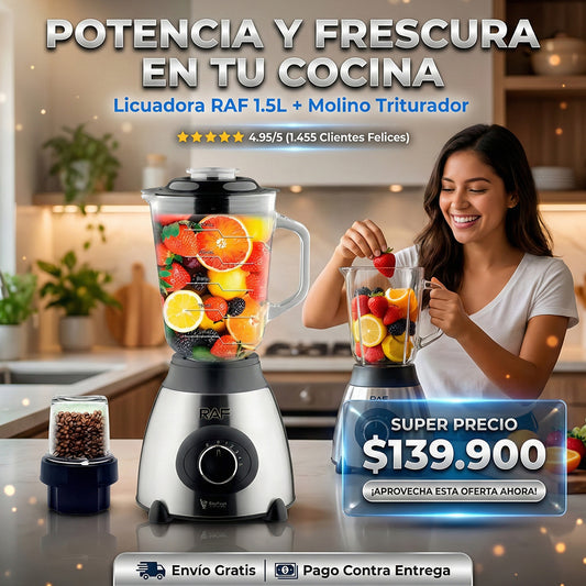 Licuadora Vidrio Acero Inoxidable Tritura Hielo Raf 2 En 1 Color Plateado/negro