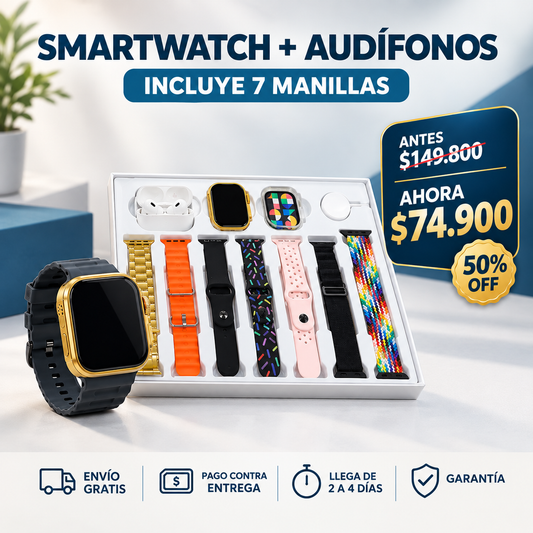RELOJ INTELIGENTE + 7 MANILLAS + AUDIFONOS