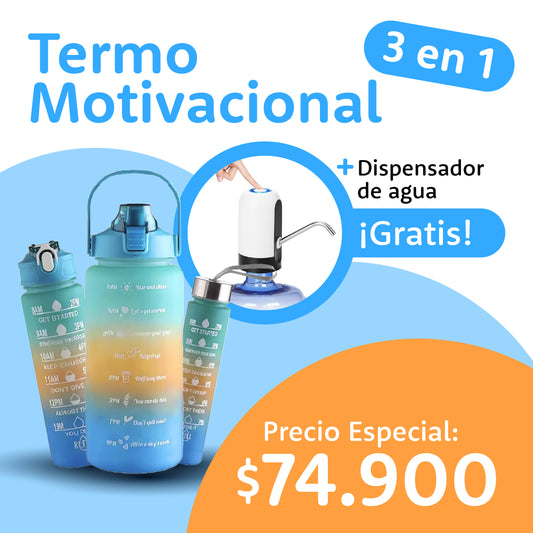 Set x3 Termos Motivacionales Plasticos + Dispensador de botellon ECO